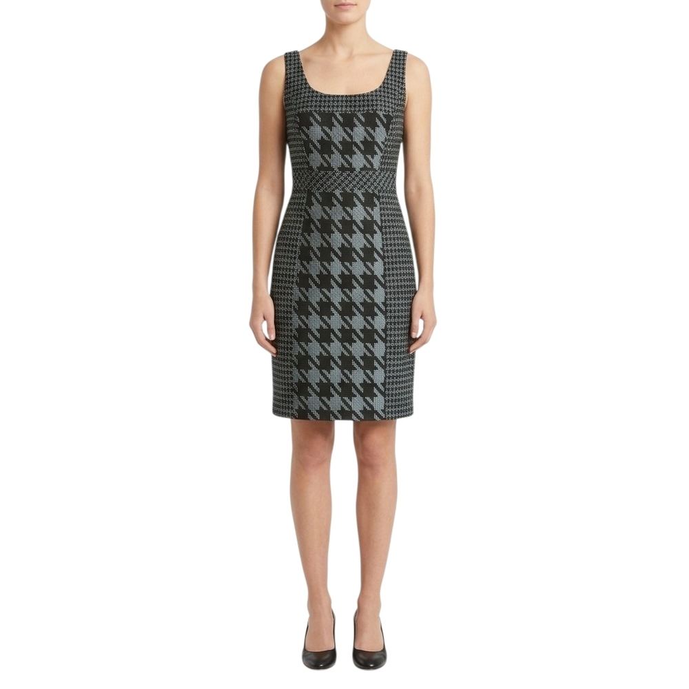 Trina Turk Sheath Dress Teal‎ Black White Houndstooth Tweed Career Cocktail